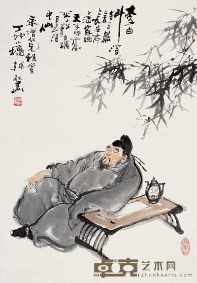 韩敏 丁卯(1987年)作 李白醉酒图 立轴 68×46cm